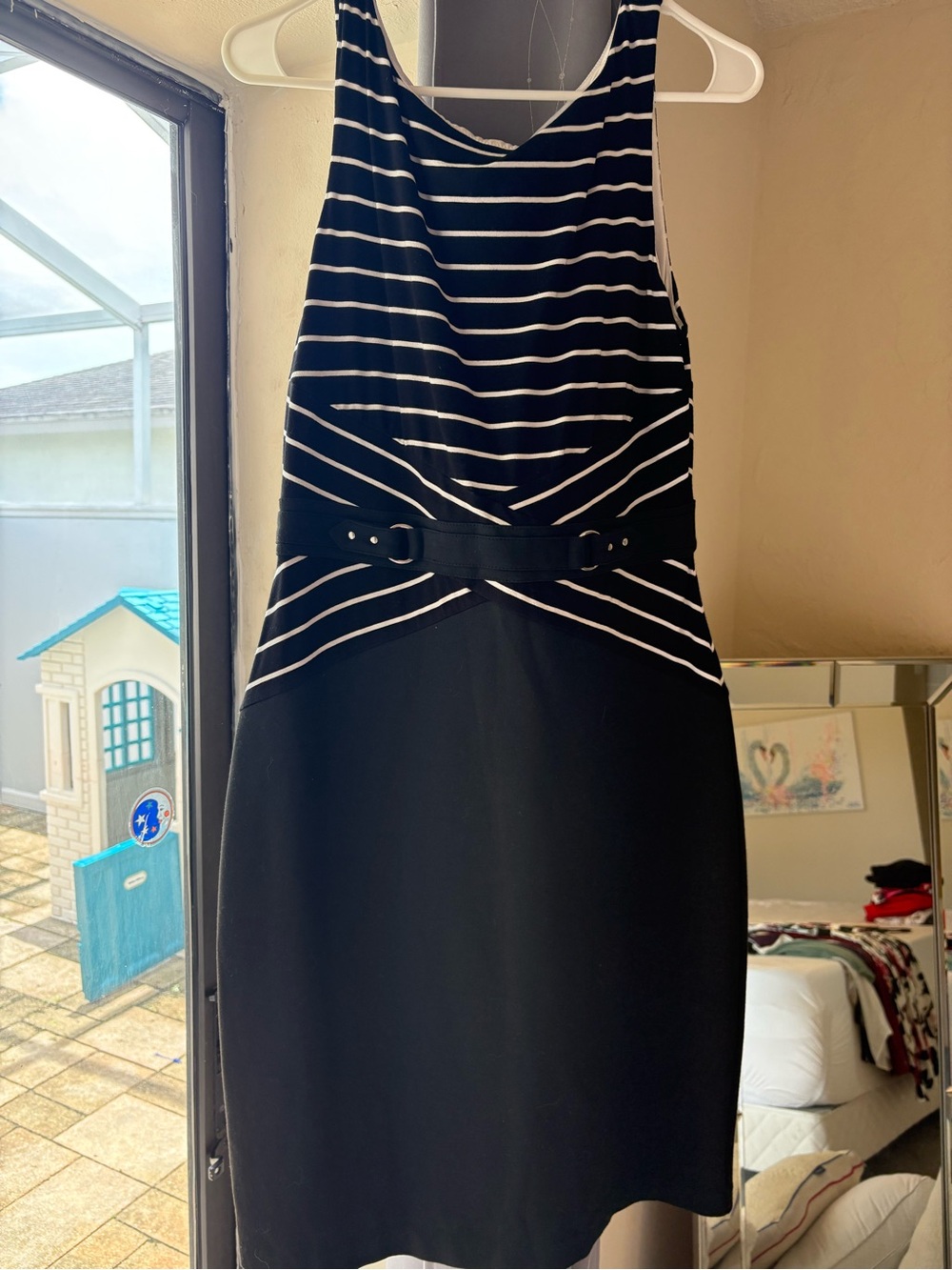 White House Black Market Black and White Striped Belted Sheath Dress